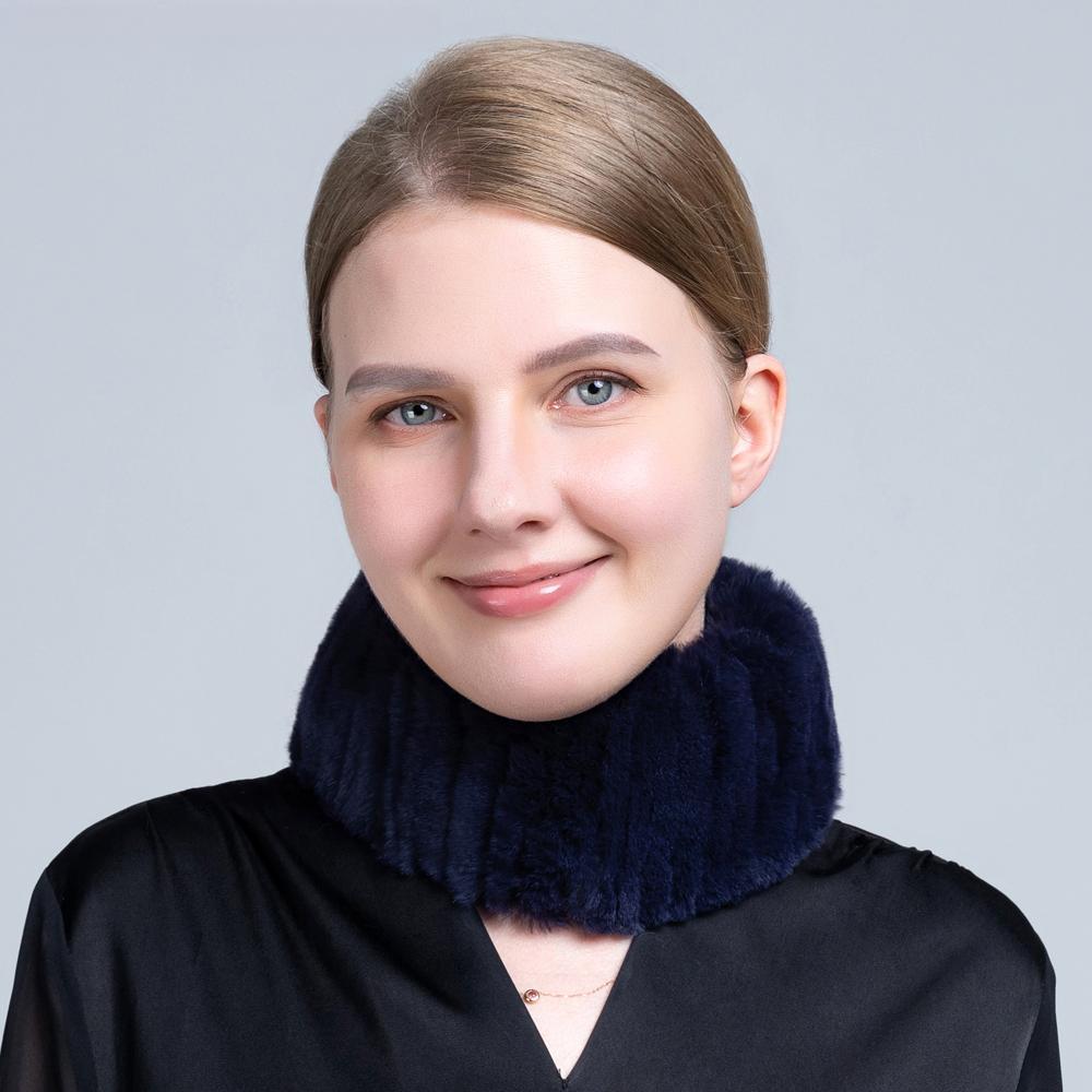 

WGLUVF Женский шарф из натурального меха ручной работы, эластичный меховой шарф, вязаные повязки на голову из натурального меха кролика рекс для девочек, шарфы из натурального меха для зимы A синий