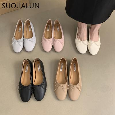 Mode SUOJIALUN 2024 Printemps Nouveauté Femmes Mocassins Mode Plats Bout Rond Nœud Coulissant Ballerines Chaussures Souples Plates Dames Décontracté Robe Ballet Sh