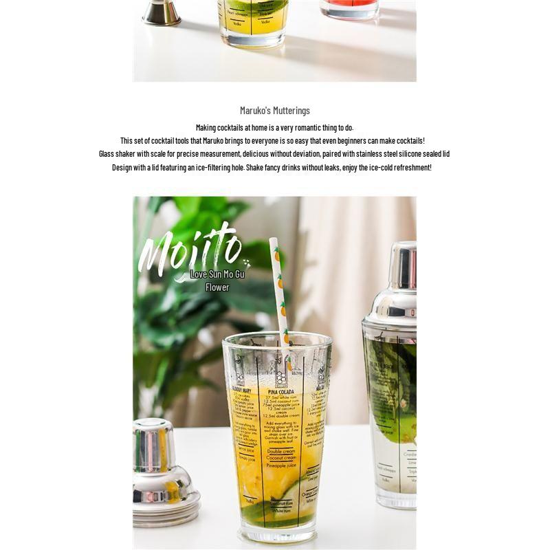 Glass Cocktail Shaker Set: Hand-Shaking Cup, Muddler, and 304 Stainless Steel Measuring Tools