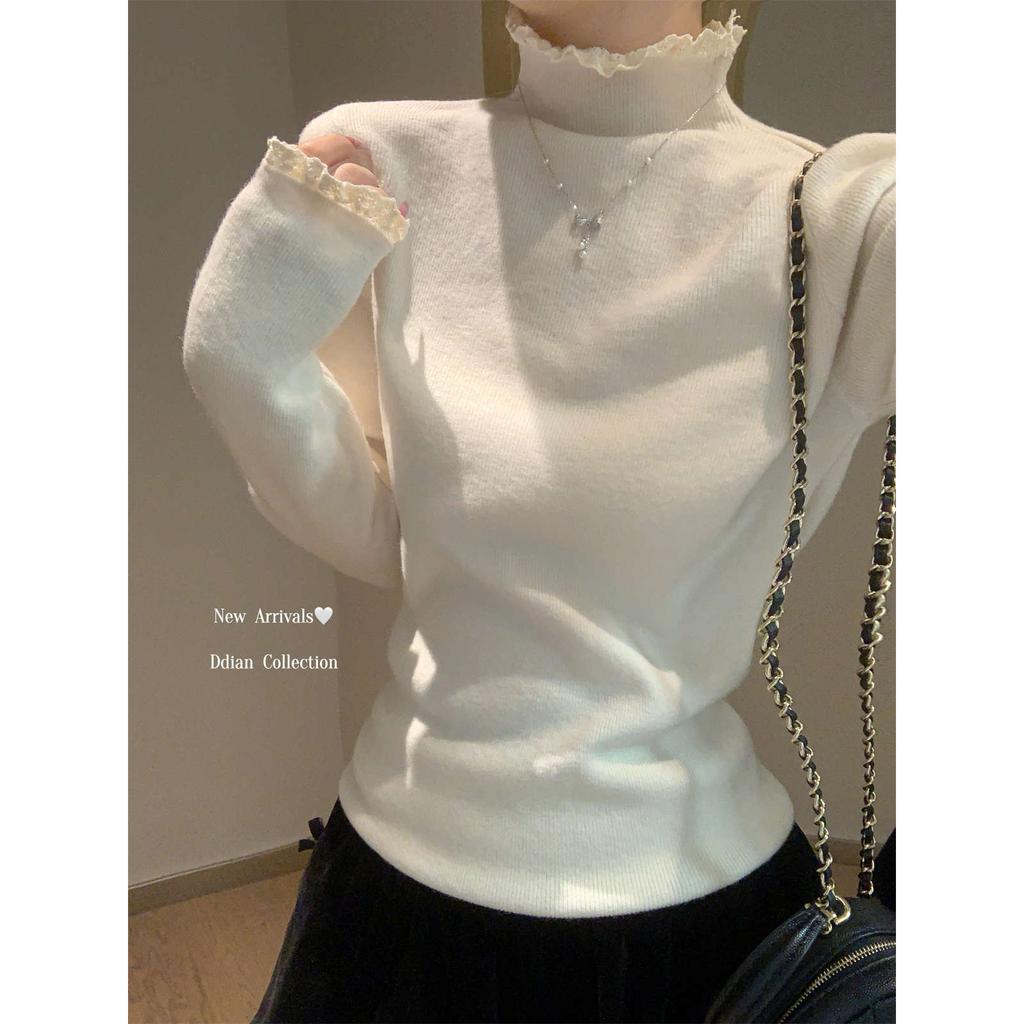 Autumn and Winter Lace Fungus Edge Semi-turtleneck Knitted Bottoming Shirt Women's Soft Waxy Sweater Temperament Simple Inner Top