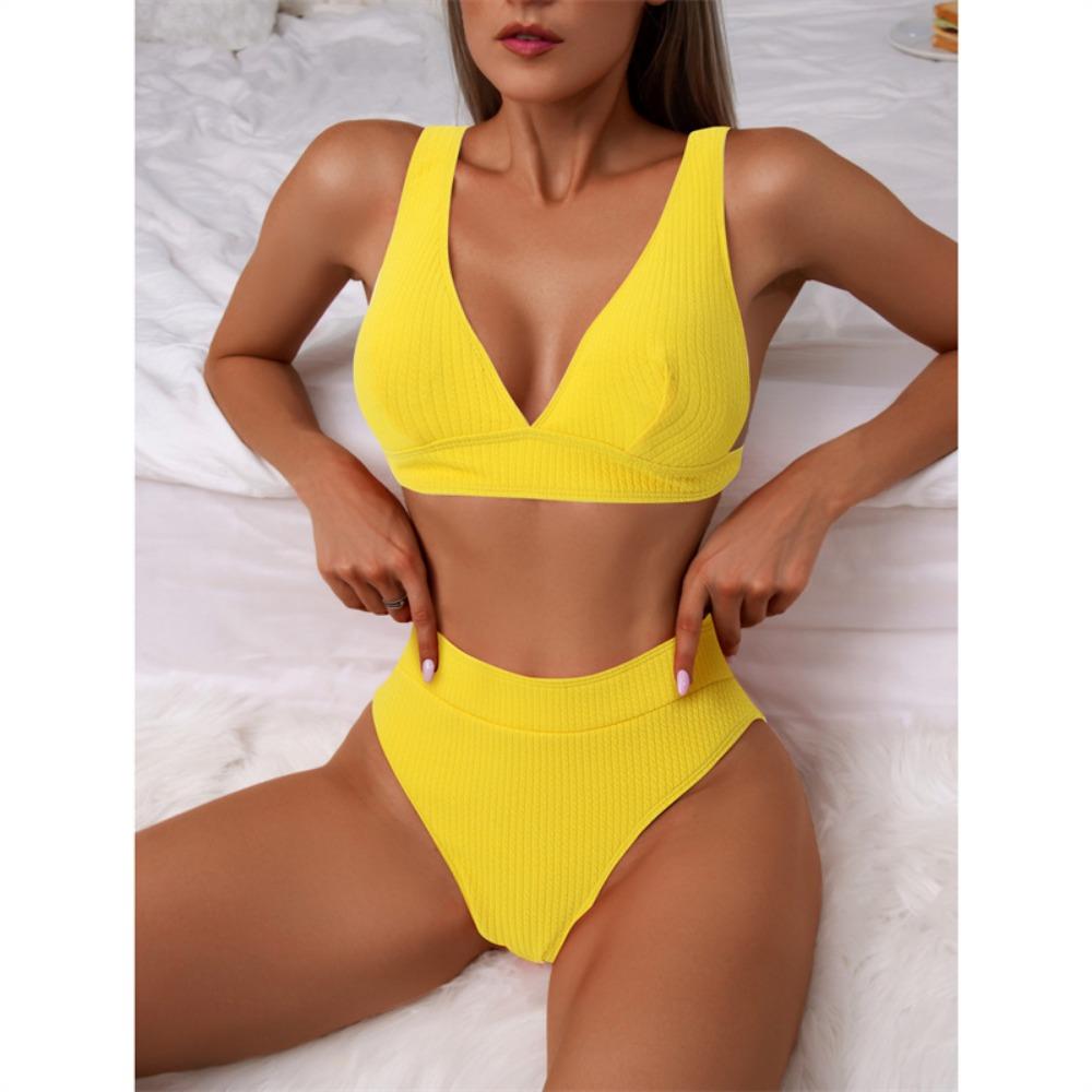 European and American High-waisted Bikini Small Pit Strip Swimsuit Women's Solid Color Sexy Split Swimsuit