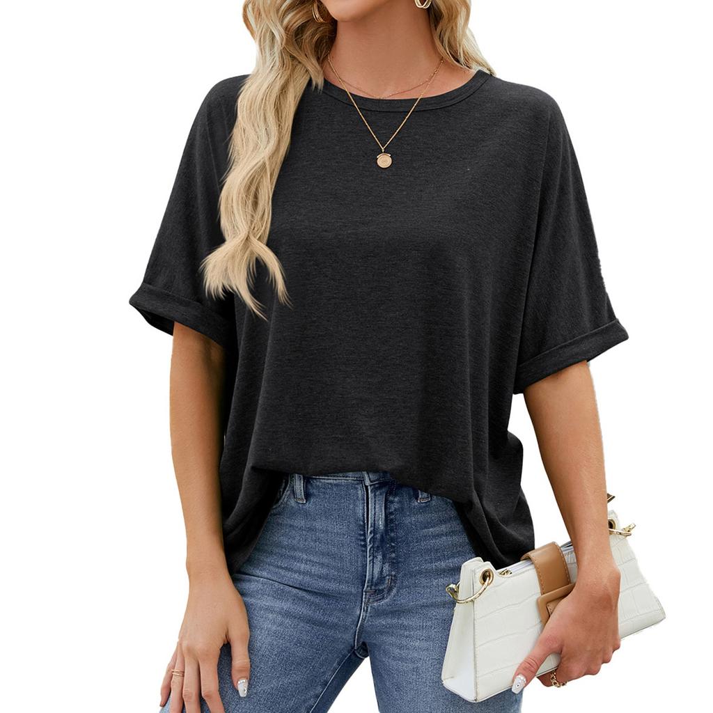 Women's Summer Solid Color Round Neck Large Size Loose Short Sleeve T-Shirt Solid Color Tops