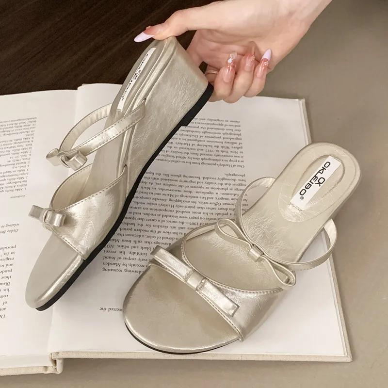 Fashion Elegant Bow Polka Dot Design Brand Slipper Women Fashion Narrow Band Slide Sandal Comfort Soft Bottom Dresses Sandalias De Mujer