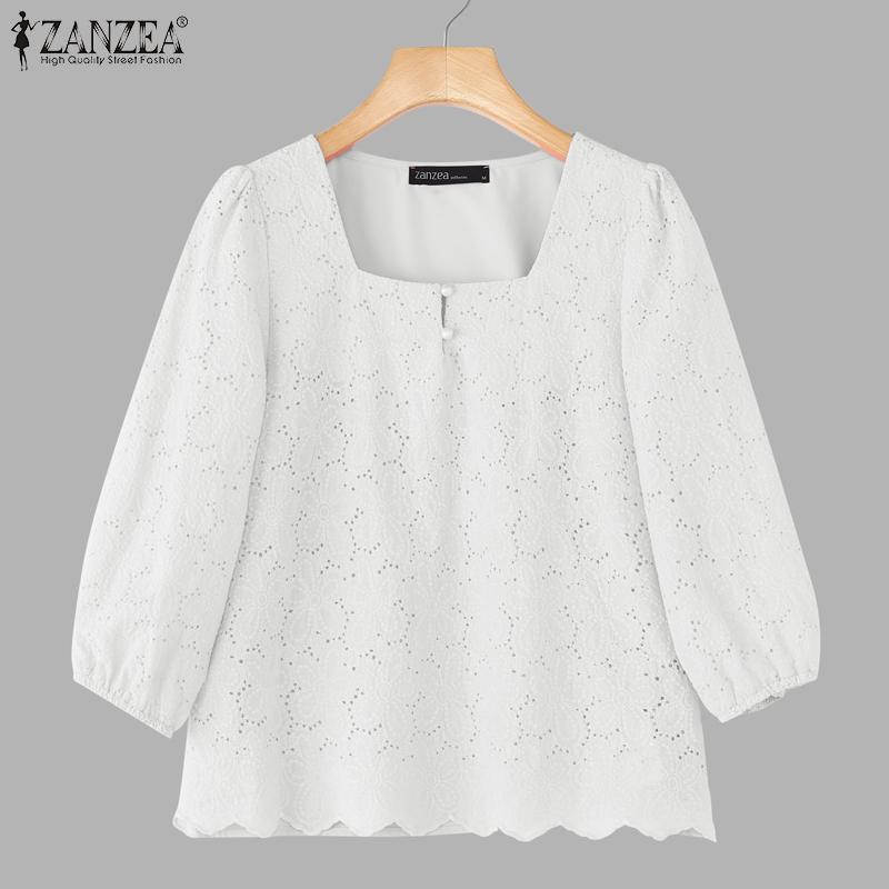ZANZEA Bluză Casual cu Guler Pătrat pentru Femei, Mâneci 3/4, Largă, Patchwork Dantelă