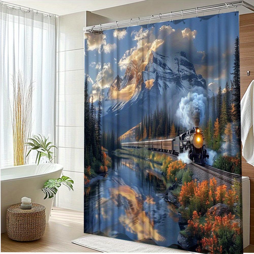 1Pc Scenic Train Shower Curtain, Colorful Mountain View, Bathroom Decor, Polyester Fabric, Featuring Nature Landscape, Includes