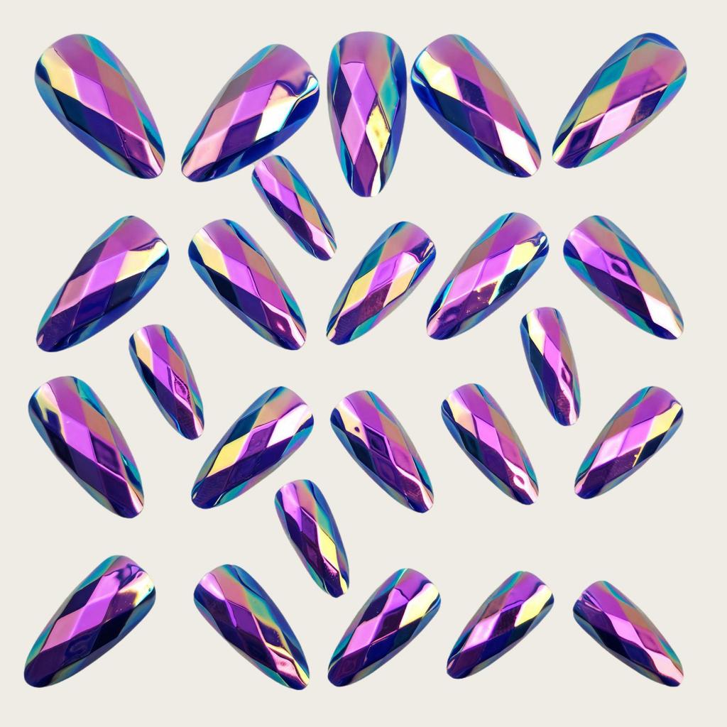 Purple Iridescent 3D Electroplated Rhombus Glossy Almond False Nails