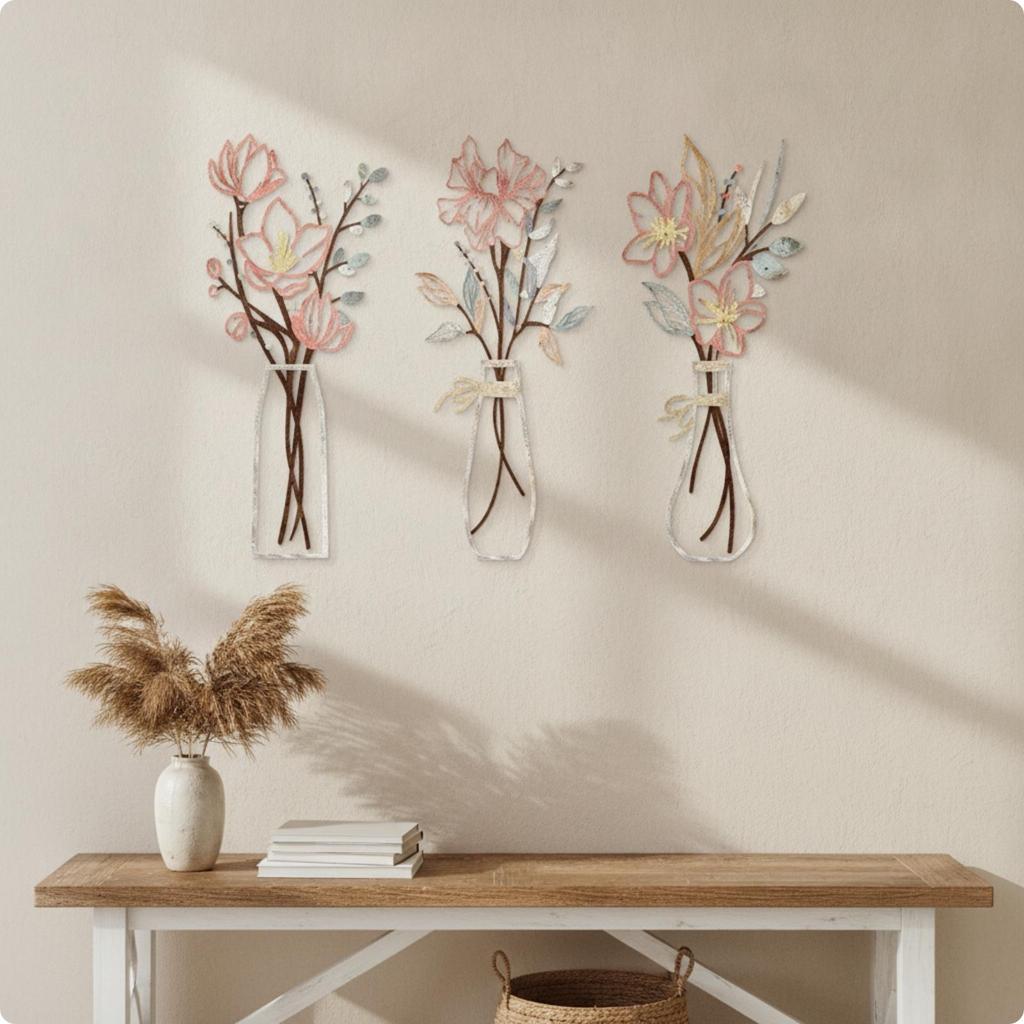 Botanical Metal Wall Decorations Layered Art with Vase Shaped