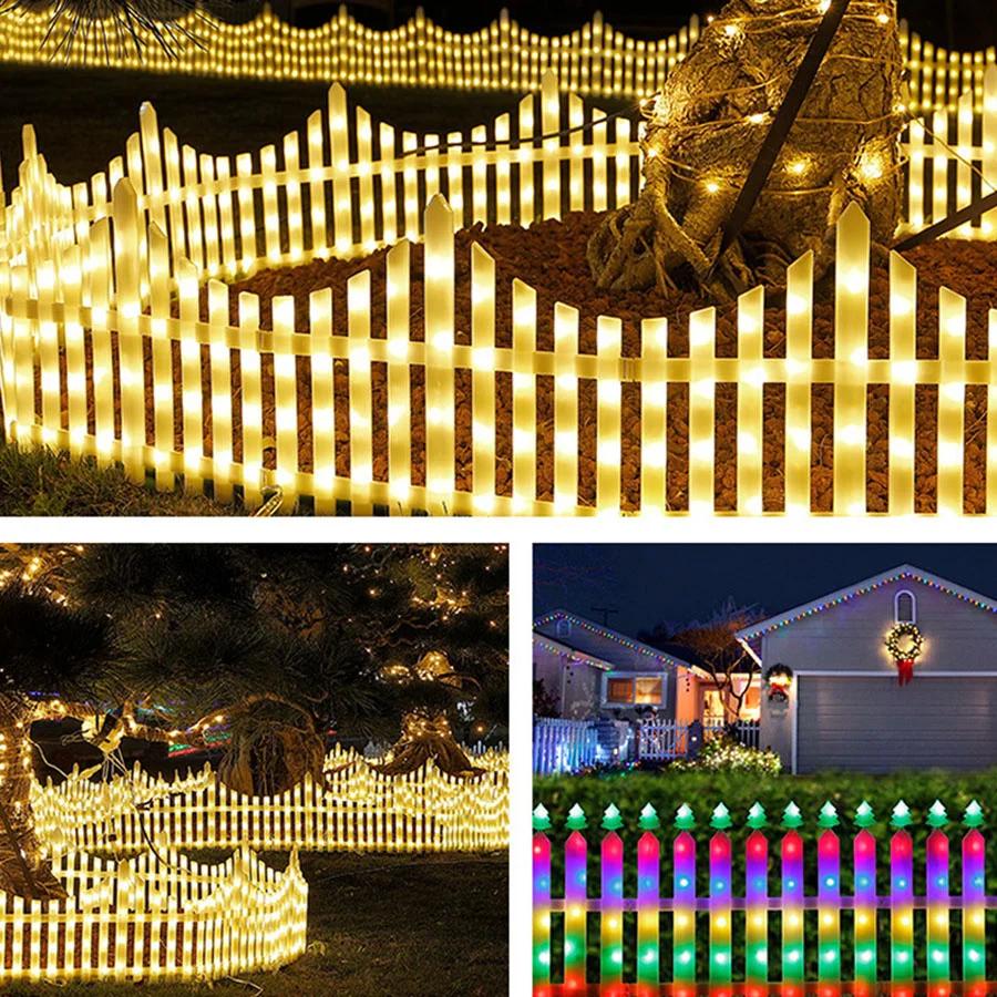 8 Pack Lighted Garden Fence Christmas Tree Fence Lights 110 Inch Garden Fence Lights 8 Modes White Plastic Picket Fence Light