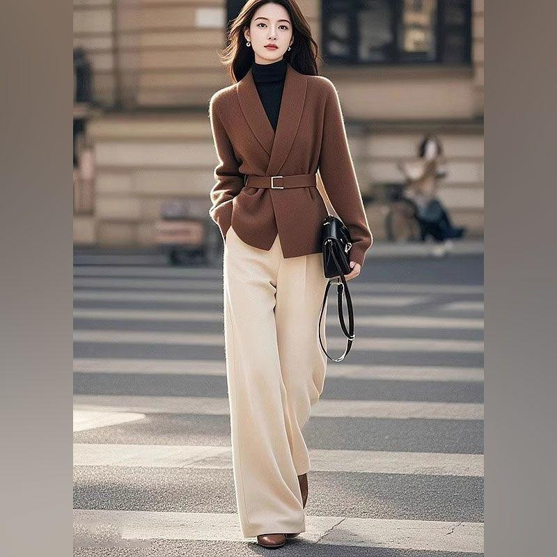 New 2026 Korean Style Professional Knit Two-Piece Set for Women - Spring/Autumn Outfit with Pants