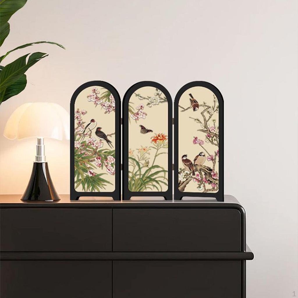 Kinesisk Design Mini Skärmprydnad 3-delad Skiljevägg Liten Bordsdekoration Fågel- och Blomtryck för