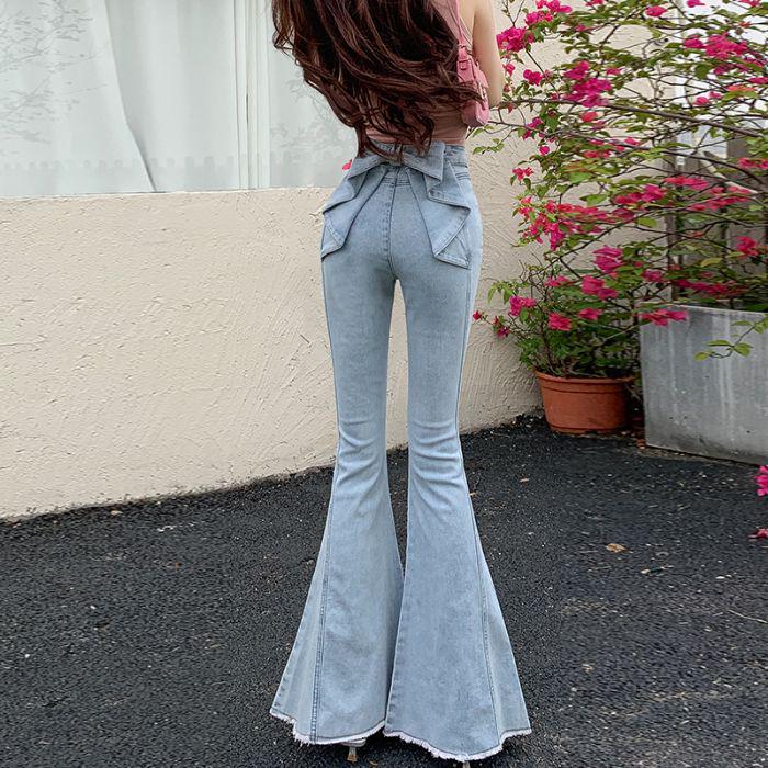 2025 Spring/Summer Women's High-Waist Flare Denim with 3D Bowknot - Slimming & Lifting