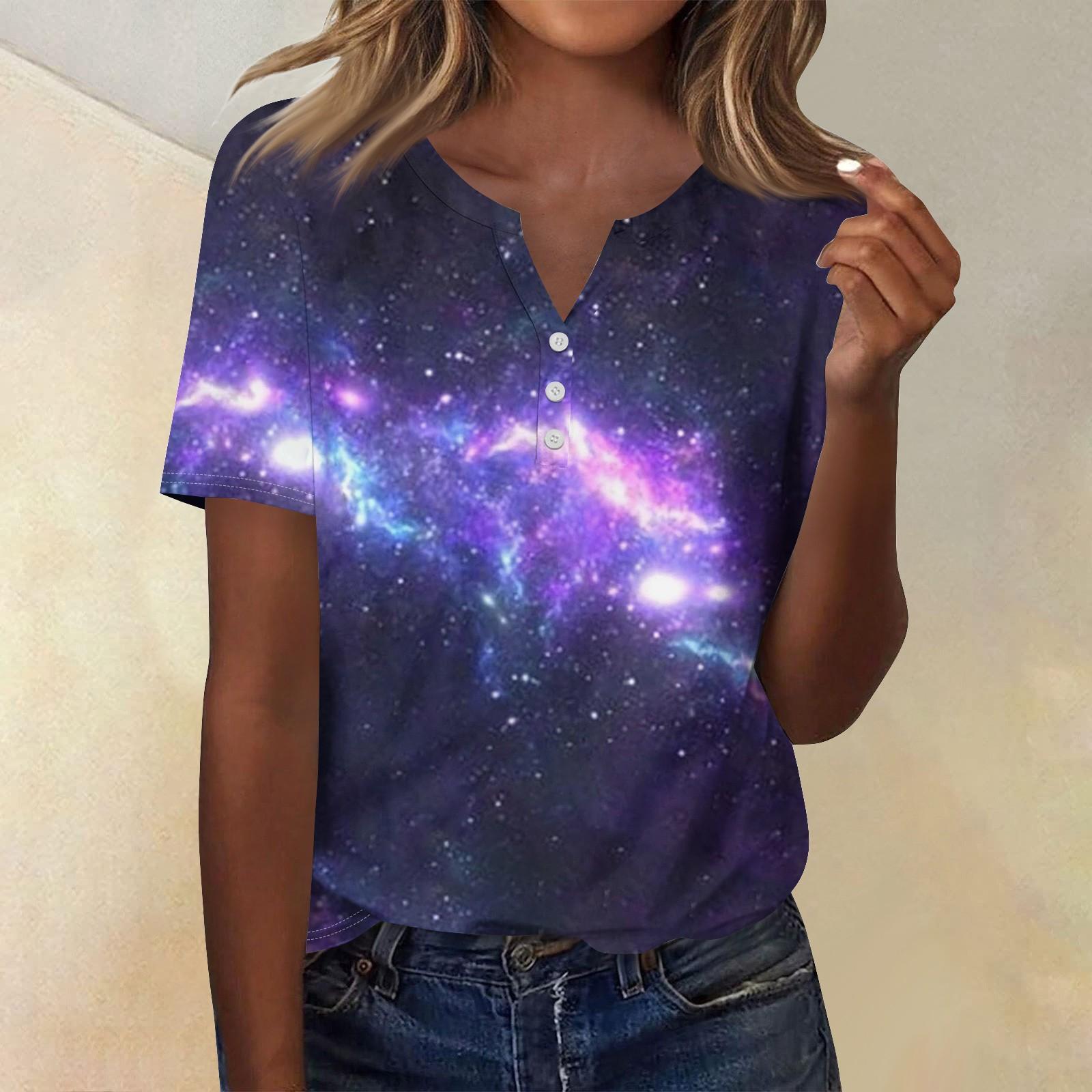 

Женская мода повседневный короткий рукав топ с разрезом по низу и принтом звезд L чёрный