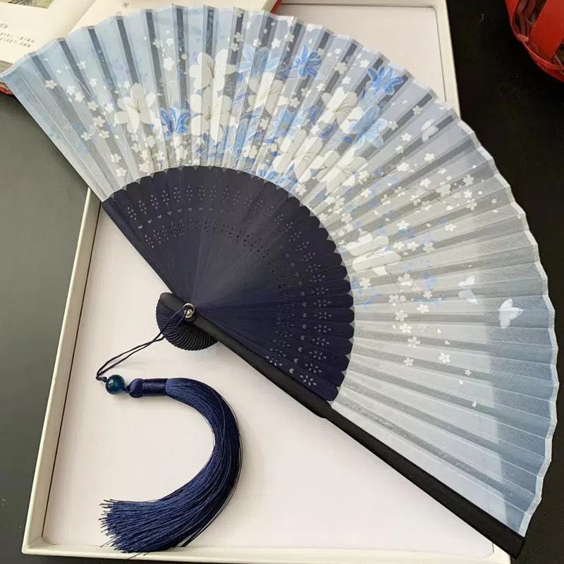 Ancient Chinese Style Small Dance Fan Summer Portable Hanfu Cheongsam Hand Held Fan Green Bamboo Ribs Single-Sided Folding Fan