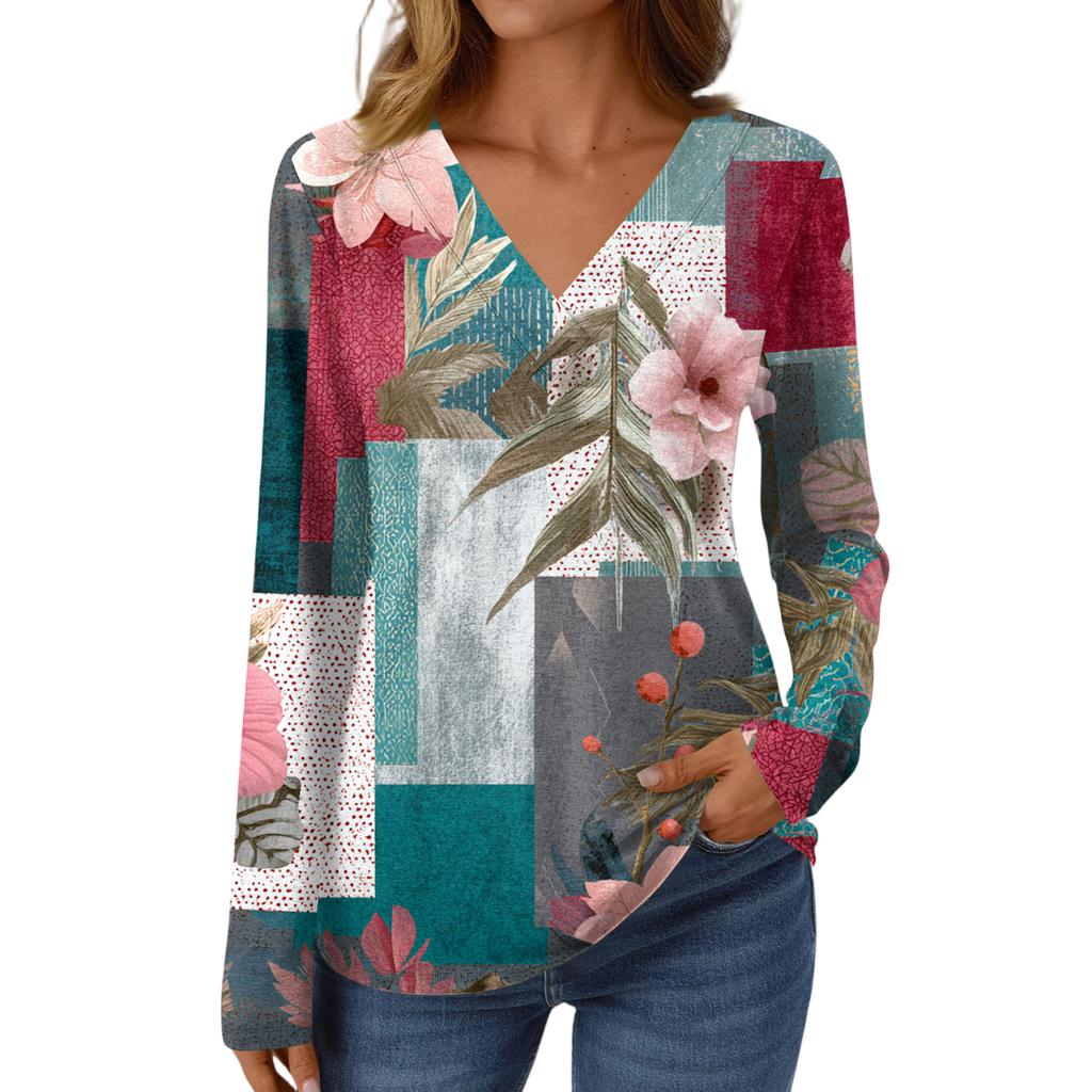 Women's Casual Fashion Brushed Retro Floral Print Long Sleeve V-Neck Top T-Shirt