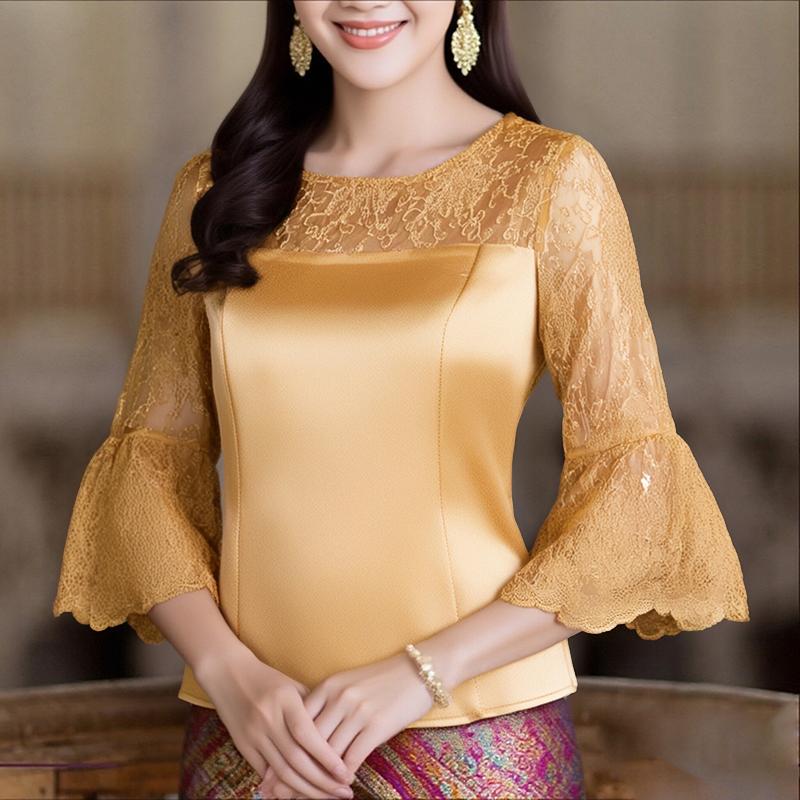 

ZANZEA Женская повседневная элегантная атласная блузка с кружевной отделкой и рукавами 3/4 M хаки