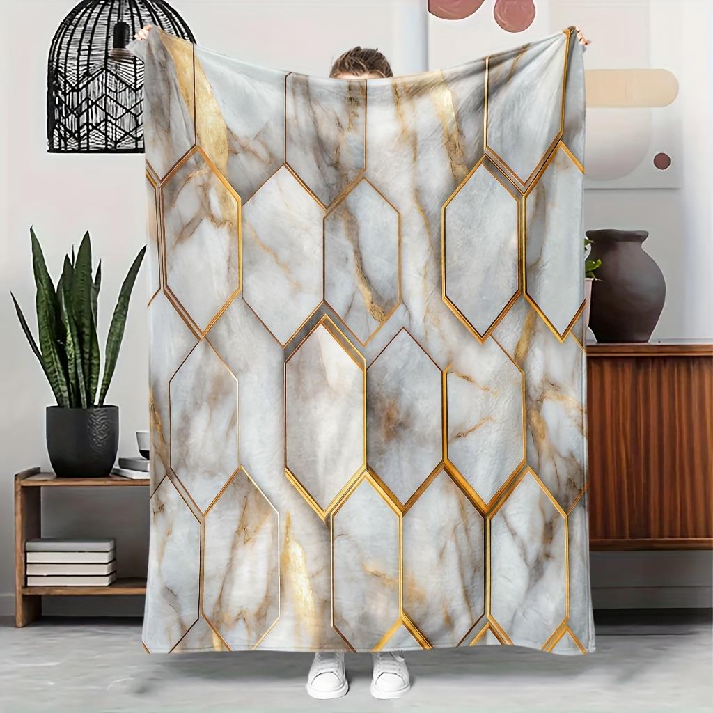 White Gray Gold Hexagon Marble Geometric Soft Cozy Throw Blanket for Sofa Bed Contemporary Flair