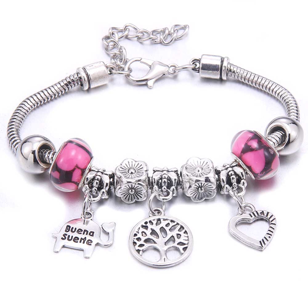 Pink Charm Bangle Lobster Buckle Snake Chain Beaded Bangles For Women Summer Romantic Gift Fashion Butterfly Bracelet Jewelry