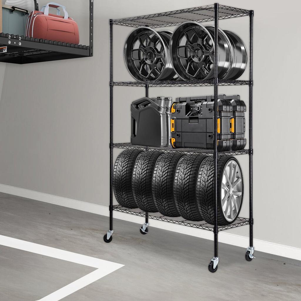 Storage Shelving Unit with Wheels, 4-Tier Adjustable, 700 lbs Capacity, Heavy Duty Garage Shelves Metal Organizer Wire Rack, Black, 47.2" L x 17.7" W