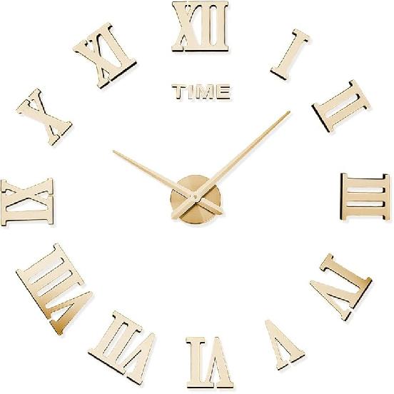 Large 3D DIY Wall Clock Decor Sticker Mirror Frameless Wall Clock Kit for Home Living Room Bedroom Office Decoration, C Gold A