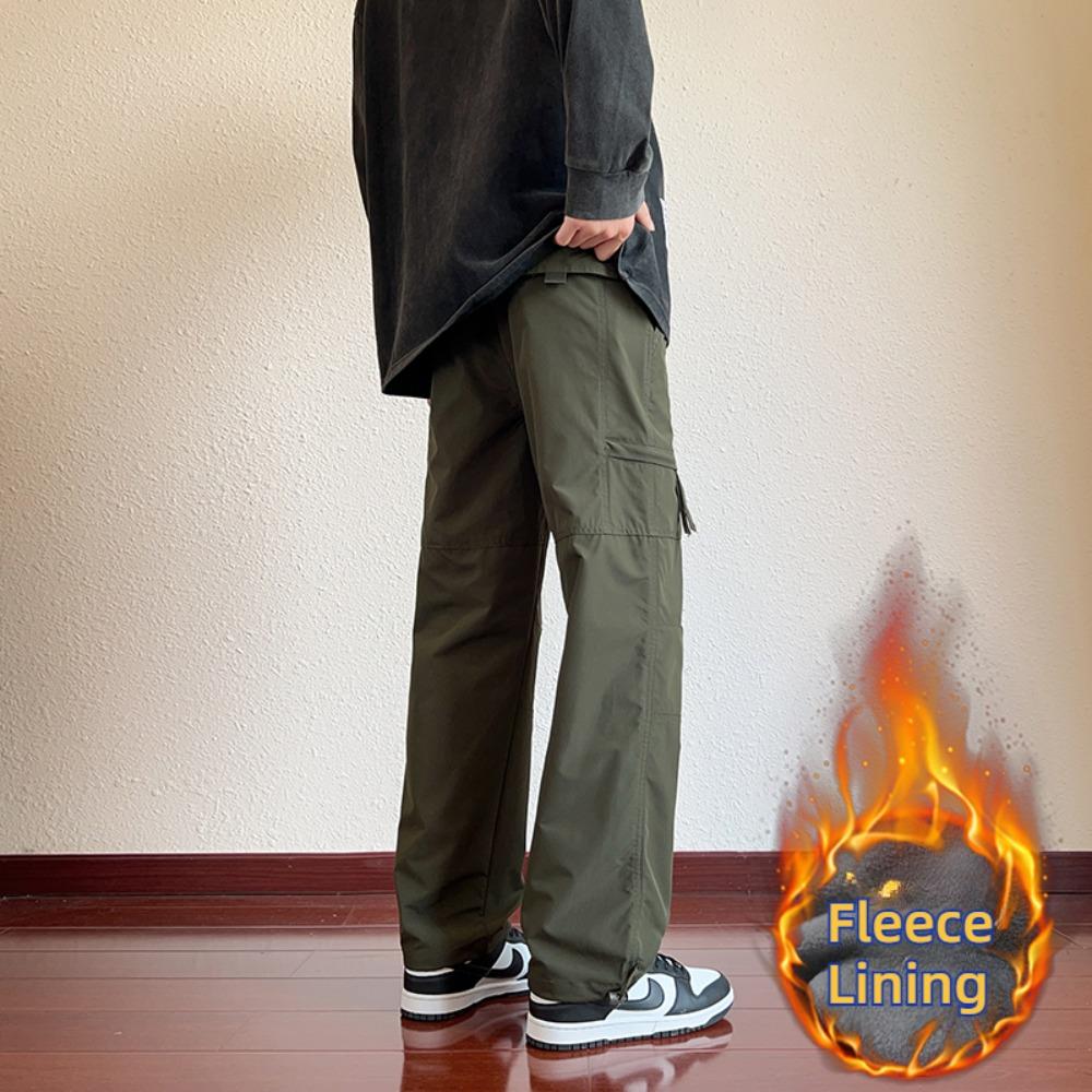 Winter Men's Cargo Pants Large Size Outdoor Sports Pants Multi-pocket Loose Straight Men's Casual Pants Fleece Lining