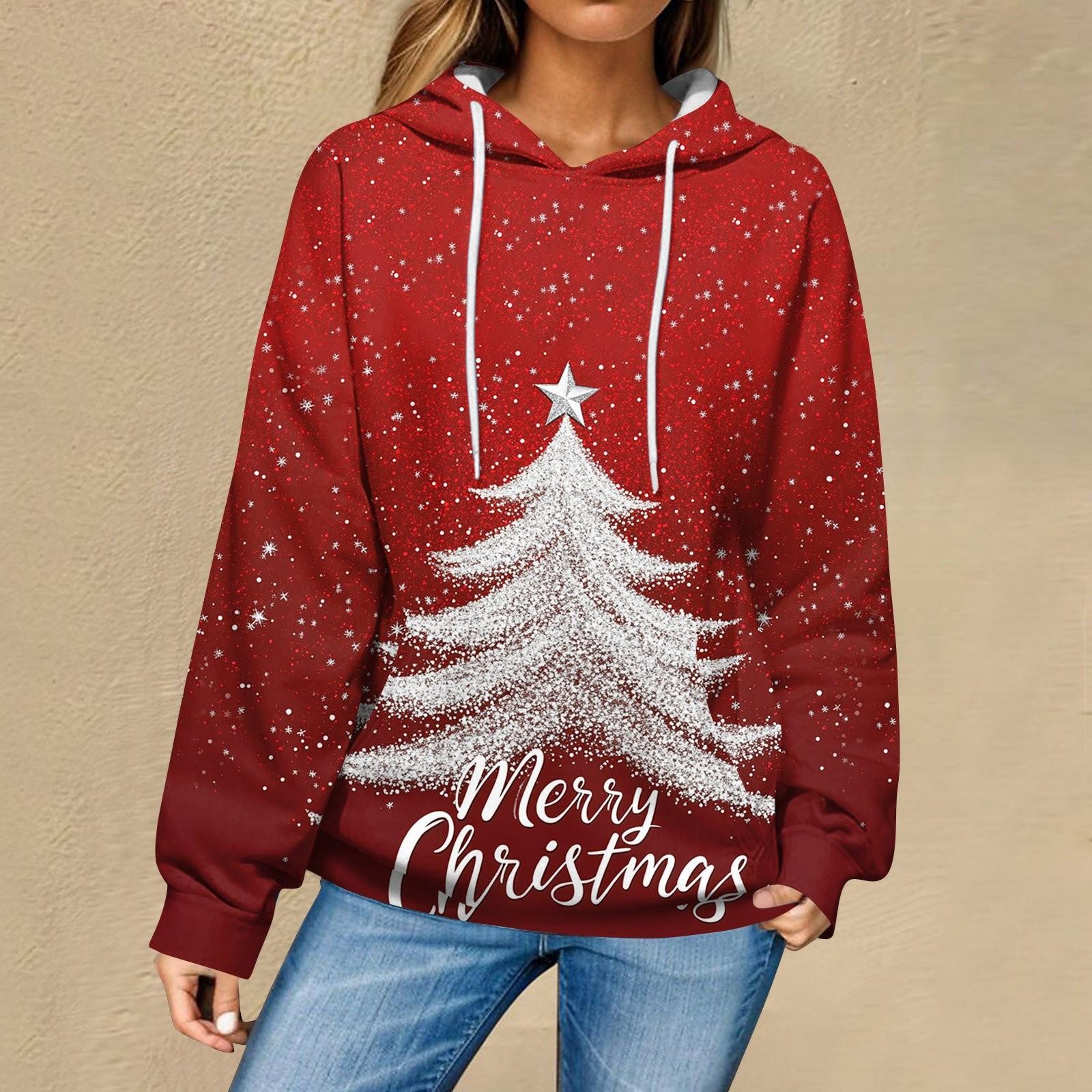 

Женская повседневная мода рождественский принт длинный рукав пуловер толстовки с капюшоном свитшоты M красный