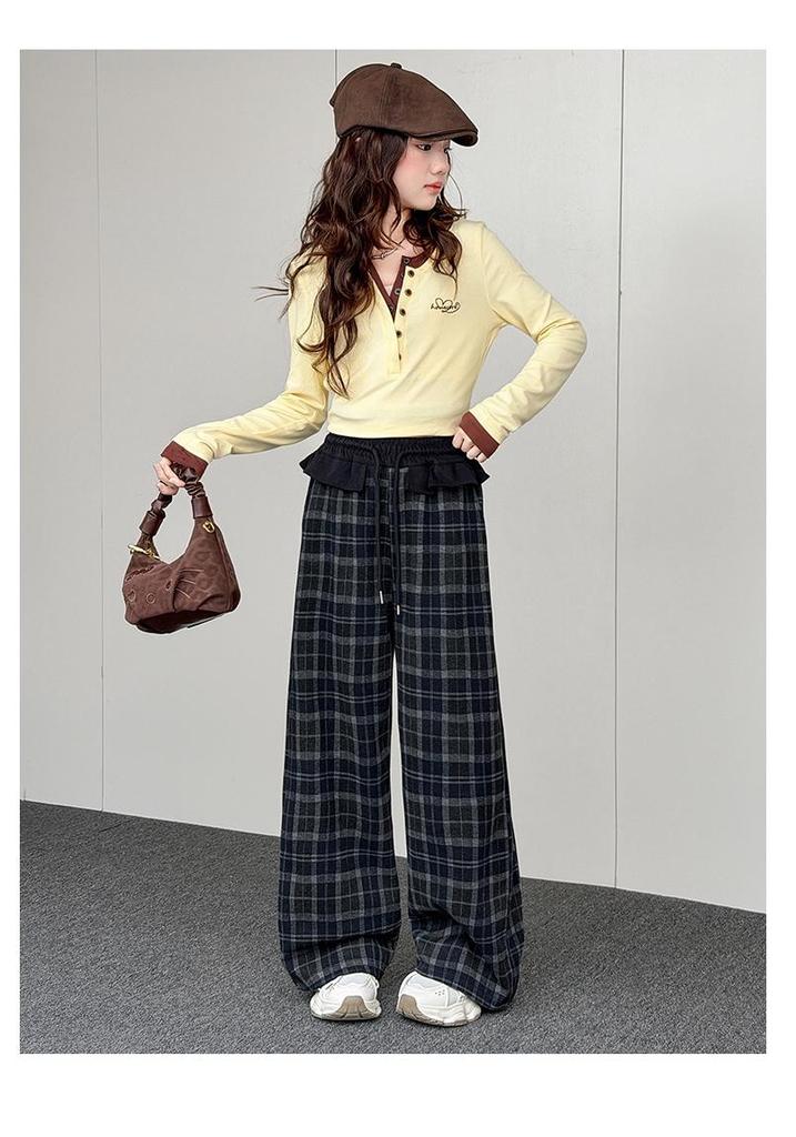 Girls' Plaid Wide-Leg Trousers with Lace Waist - Autumn 2026 Collection for Medium and Large Children.