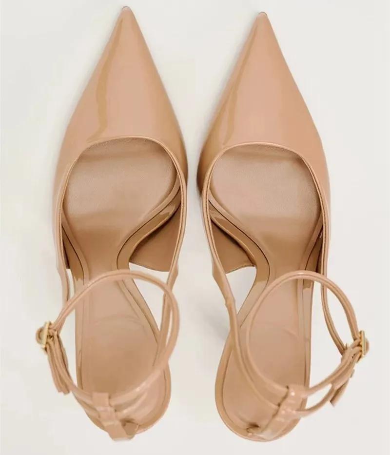 Fashion Nude Patent Leather Ankle Strap Buckle Women Pumps Sexy Pointed Toe Stiletto Heels Summer Stiletto Heels Party Shoes Sandalias