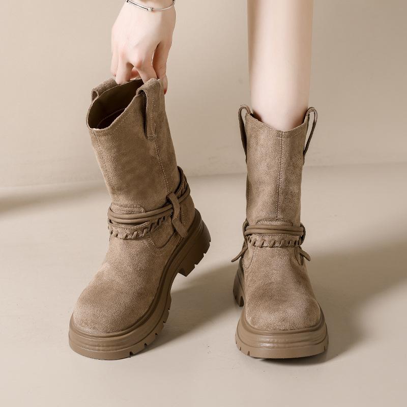 [Fanfna] thick-soled Martin boots women's thin boots 2025 autumn retro rhubarb boots slim western cowboy boots