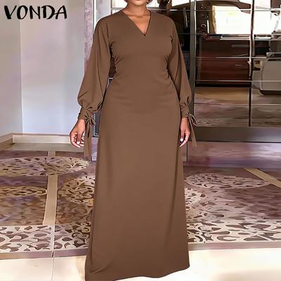 Women Round Neck Long Sleeve Belt Waist Casual Long Maxi Baggy Dress
