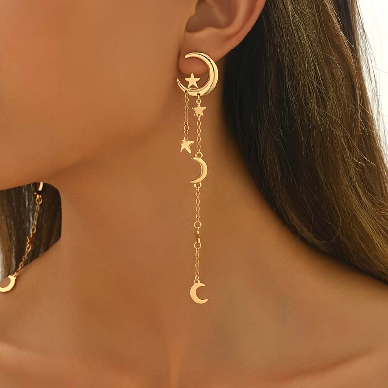 Vintage Metal Star Moon Tassel Pendant Earrings for Women Fashion Gold Color Asymmetric Personality Earrings Jewelry Gifts