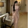 Temperament Cross V-neck Long-sleeved Dress Female Autumn and Winter Royal Sister Style Temperament Waist Slim Open Fork Hip Wrap Long Skirt