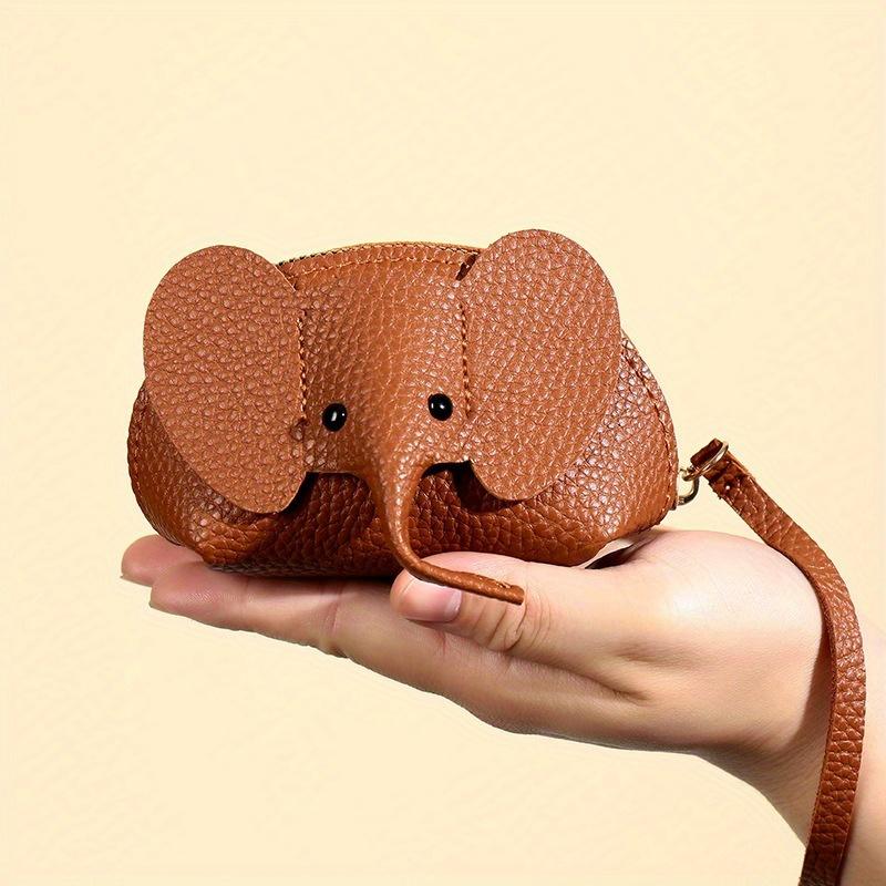 Cute Elephant 1pc Coin Purse with Wrist Strap Artificial Leather Zippered Pouch, Large Capacity Storage for Coins, Lipstick, Bank Cards Key Organizer