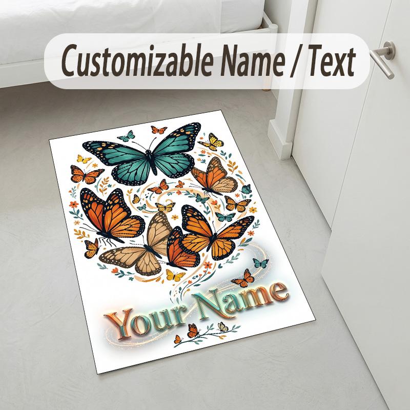 Butterfly Theme Crystal Velvet Rug Personalized Custom Name Text Soft Floor Mat Home Decor