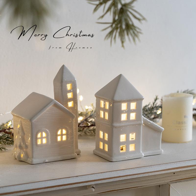 LED Light Up Ceramics Village House Figurine Glowing Porcelain Statue Christmas Ornament Festival Desktop Home Decor