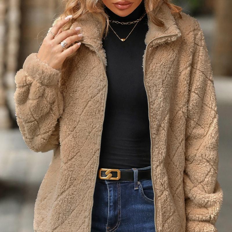 Women's Clothing, Autumn and Winter New Styles, Long Sleeved, Cardigan, Zipper, Diamond Shaped, Plush Jacket, Winter Thick Jacket, Plush Jacket