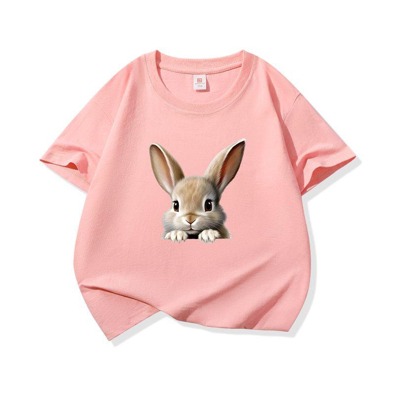 Kids Cotton T Shirt Cute Peeking Rabbit Print Crew Neck Short Sleeve Tee Casual Breathable Boys Girls Summer Tops