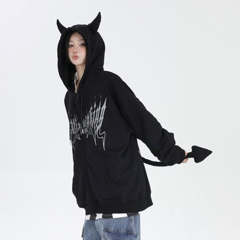 

Hipster Hooded Punk Style Couple Hooded Sweatshirt Printing Zip Up Hoodies Y2K Streetwear Long Sleeve Loose Jacket Coats M чорний