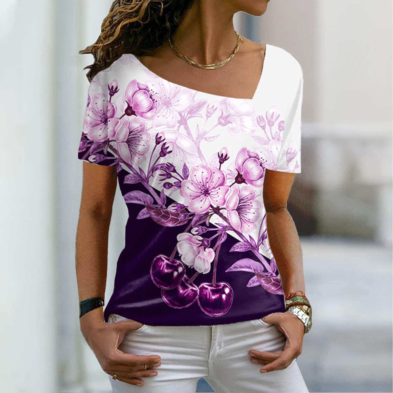 

Летний топ с косым воротником, принтом с 3D-цветочным узором, модные повседневные женские футболки с коротким рукавом XS