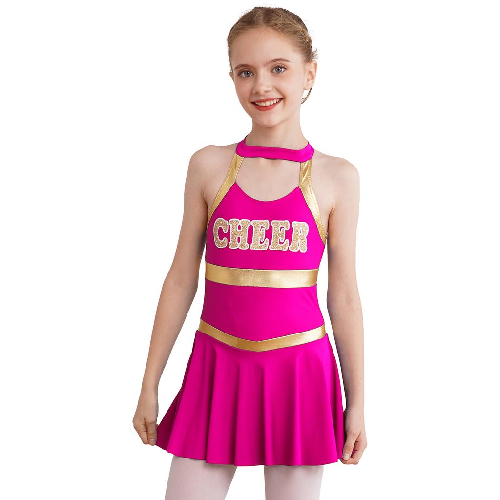 Girls Sleeveless Round Collar Letter Print Crisscross Straps Hollow Back Cheerleading Dance Dress