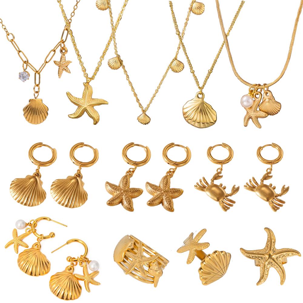 Summer Gold Stainless Steel Shell Starfish Crab Drop Earrings For Women Beach Ocean Hoop Drop Stud