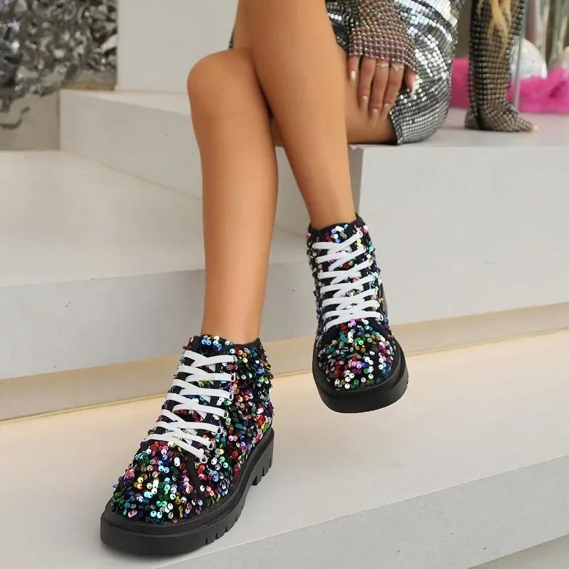 Fashion 2024 Ladies Shoes Autumn Ankle Women's Boots Platform Modern Boots Women Bling Round Toe Cross-tied Chunky Heels Shoes Women