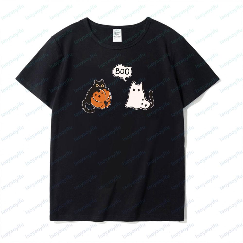 Halloween Ghost Cat Cute BOO Shirt Spooky Season Tee Pumpkin Black Cat Graphic Printed Tshirt Women Unisex Casual Simple Tops
