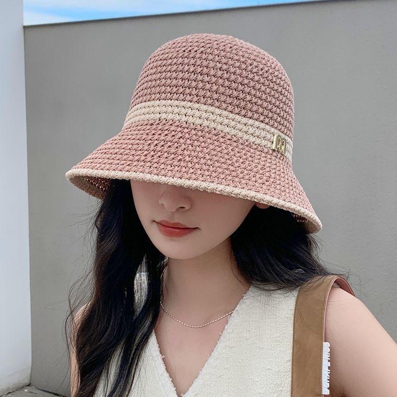 Solid Knit Hollow Out Bucket Hat Women Spring Summer Breathable UV Sun Protection Fisherman Hat