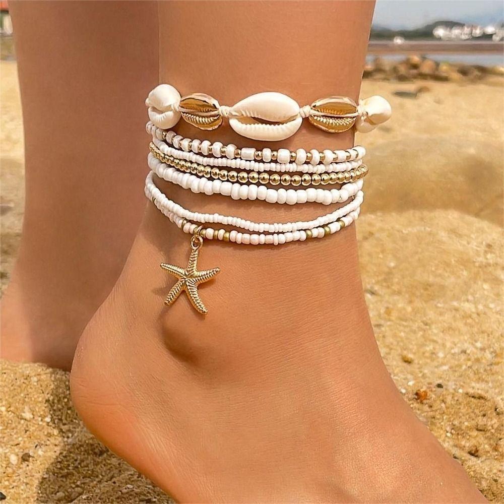 7pcs Charm Holiday Starfish Multi-layer Anklet Stretch Anklet Set Fashion Beach Jewelry