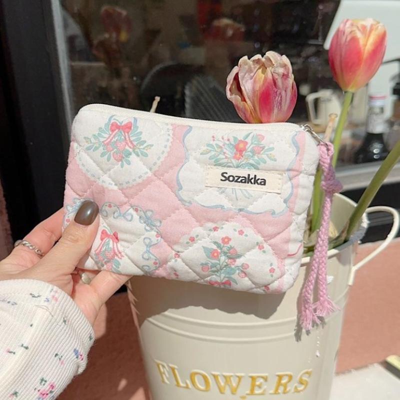 Cartoon Flower Square Cosmetic Bag Women Portable Earphones Lipstick Sanitary Napkins Storage Pouch Small Makeup Zipper Bags