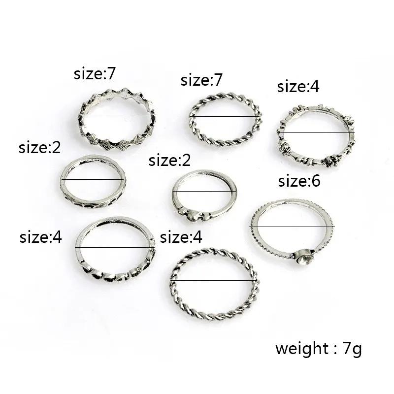 8pcs/set Fashion Bohemia Dainty Twist Thin Band Silver Color Stacking Ring Gift Jewelry Ring Set
