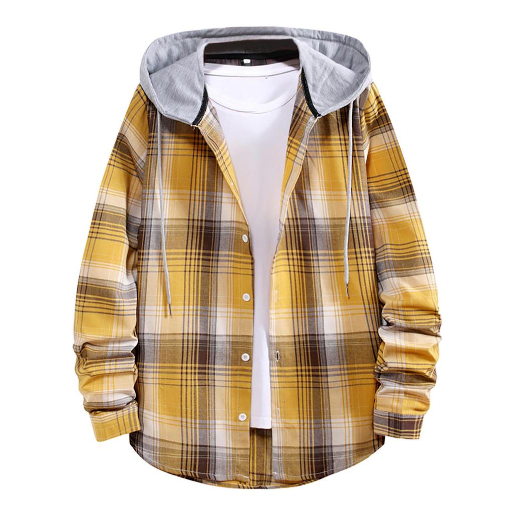 Men Casual Plaid Shirt Hooded Shirts Oversized Casual Shirt Men's Clothes European American Style Handsome Holiday Checked Shirt