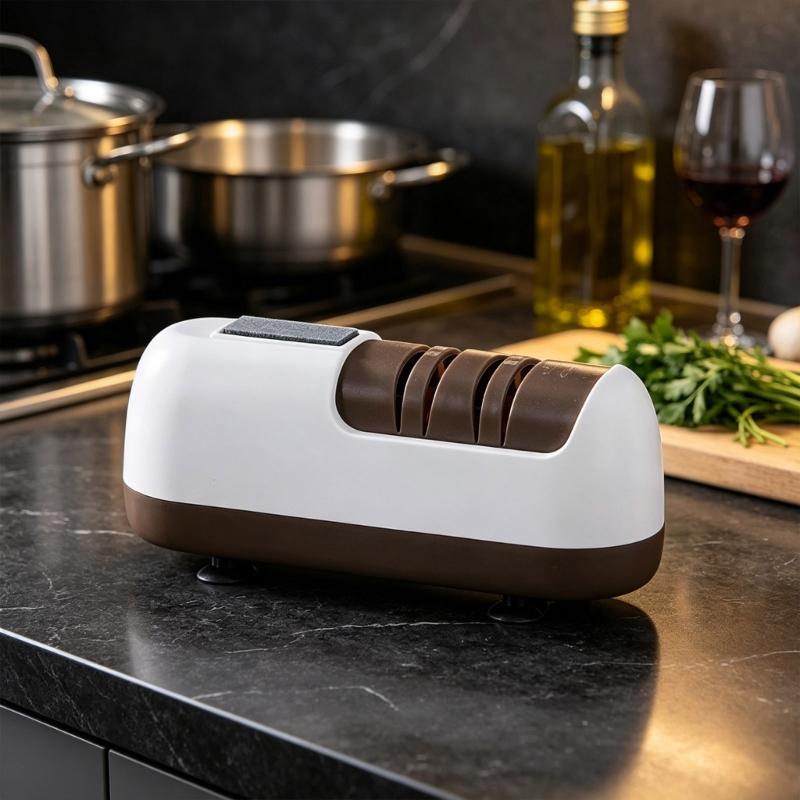 Three-Slot Electric Cutlery Sharpener with Coarse, Fine and Finish Positions for Progressive Kitchen Blade Maintenance