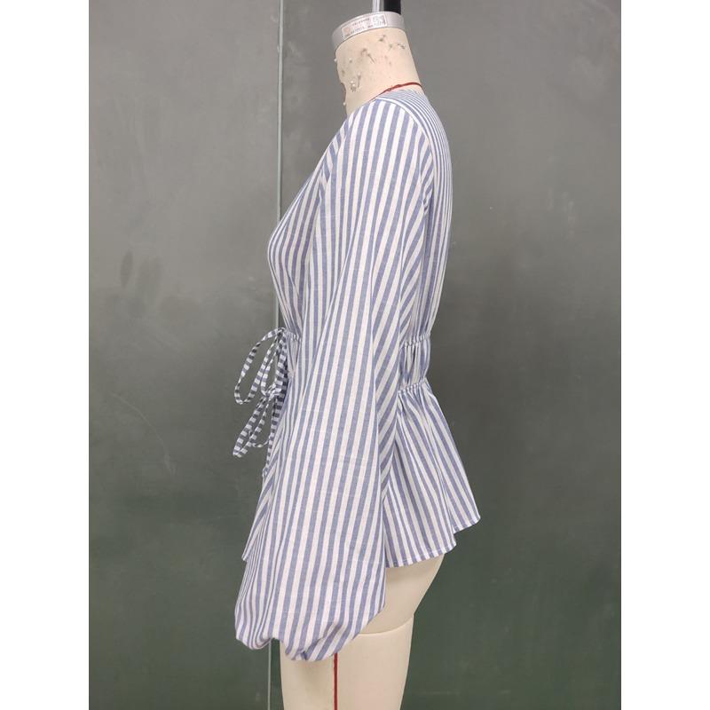 2025 New Autumn Women's Spliced V-neck Temperament Striped Long-sleeved Lace-up Shirt