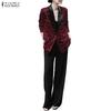 ZANZEA Women Leopard Print Cardigan Blazer and Pants Casual Two Piece Suit Sets
